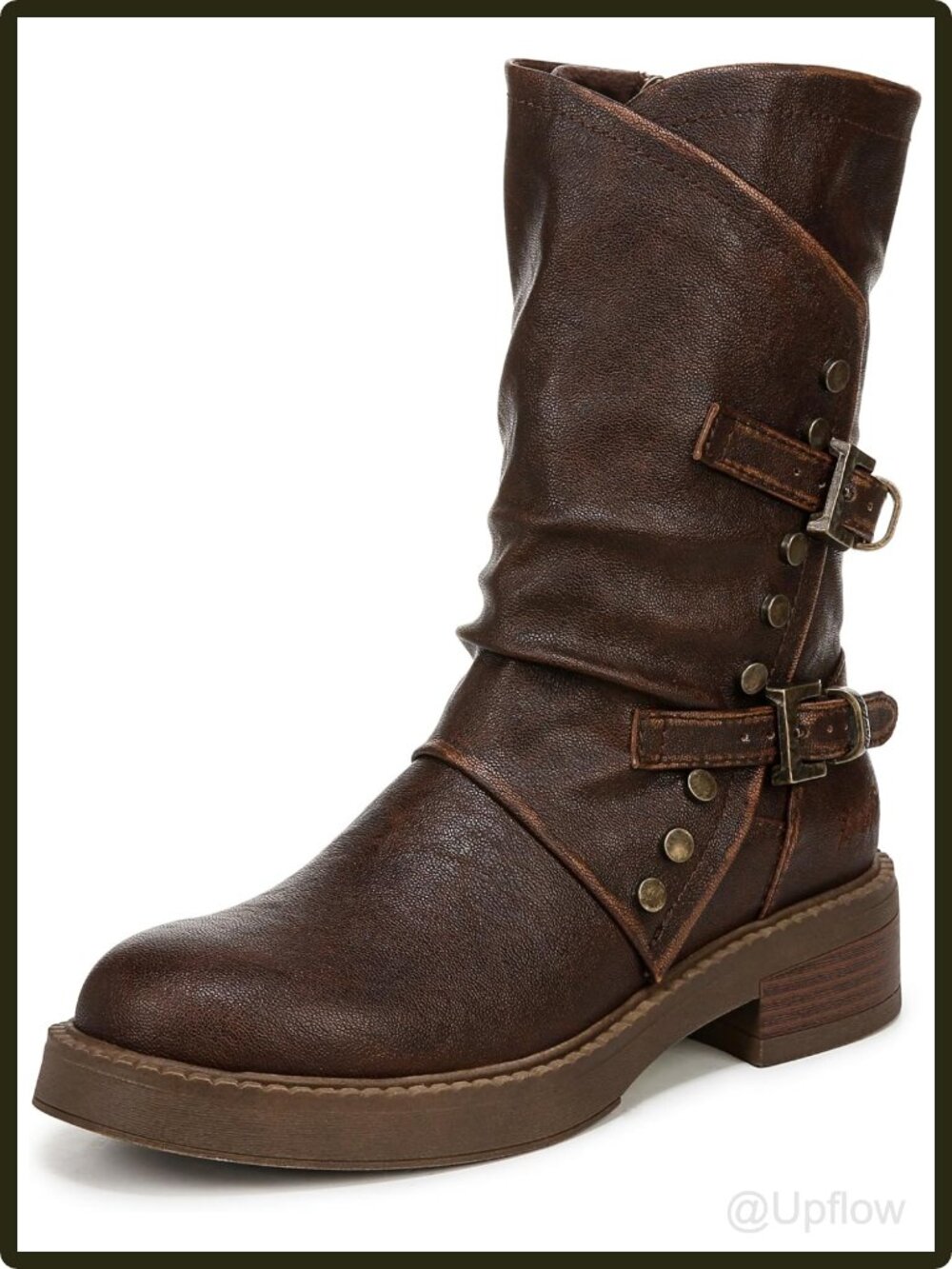 Women's Mid Calf Moto Boots Faux Leather Side Zip Studded Block Heel Fall